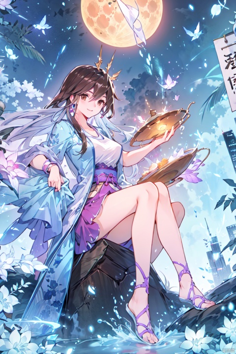  1girl, aerial_fireworks, bangs, brown_eyes, brown_hair, building, city, city_lights, cityscape, closed_mouth, earrings, fireworks, full_moon, holding, jewelry, lamppost, lantern, long_hair, looking_at_viewer, moon, night, night_sky, outdoors, paper_lantern, shooting_star, short_sleeves, sitting, sky, skyline, skyscraper, smile, solo, star_\(sky\), starry_sky, tanabata, tanzaku, yeqinxian, lactation,brown hair, a girl, bachong, hat, coat, multicolored hair, blue hair, white hair, backlight, houtufeng