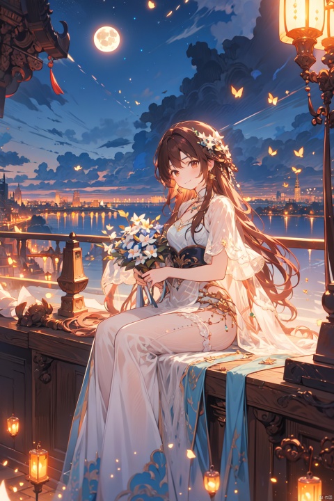  1girl, aerial_fireworks, bangs, brown_eyes, brown_hair, building, city, city_lights, cityscape, closed_mouth, earrings, fireworks, full_moon, holding, jewelry, lamppost, lantern, long_hair, looking_at_viewer, moon, night, night_sky, outdoors, paper_lantern, shooting_star, short_sleeves, sitting, sky, skyline, skyscraper, smile, solo, star_\(sky\), starry_sky, tanabata, tanzaku, yeqinxian,brown hair, (\shen ming shao nv\)