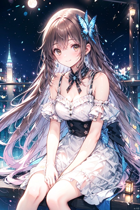  1girl, aerial_fireworks, bangs, brown_eyes, brown_hair, building, city, city_lights, cityscape, closed_mouth, earrings, fireworks, full_moon, holding, jewelry, lamppost, lantern, long_hair, looking_at_viewer, moon, night, night_sky, outdoors, paper_lantern, shooting_star, short_sleeves, sitting, sky, skyline, skyscraper, smile, solo, star_\(sky\), starry_sky, tanabata, tanzaku, yeqinxian, lactation,brown hair, a girl