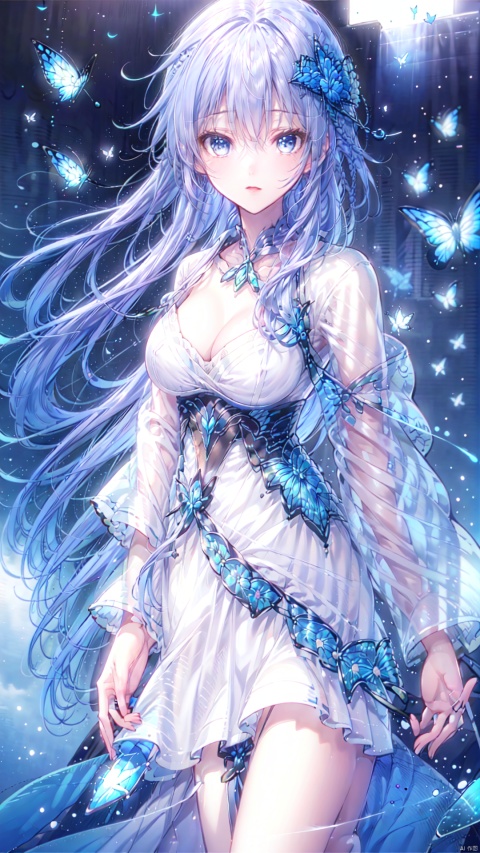  masterpiece,(an extremely detailed and delicate),(labcoat),ray tracing,(loli),(solo),(petite),Reflected light,(blue hair)++(blue eyes)++Messy hair++Flipped hair++floating hair++(braid),large breasts,(very Brilliant brilliance),(very detailed light),(Beautiful Lighting), yeqinxian, a girl