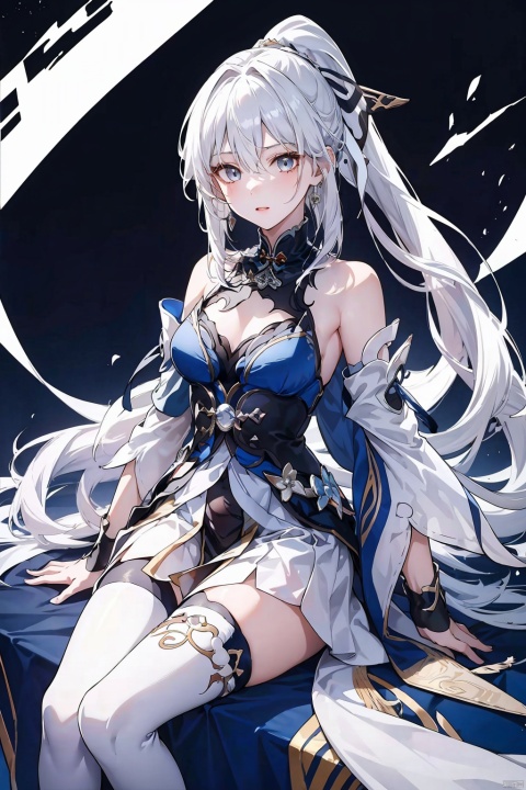  A girl, bust, Chinese style, 
,fine fabric emphasis,standWhite stockings, belt,jingliu,{jingliu},white hair,long hair,ponytail,hair ribbon, earrings, jewelry white dress, ,bare shoulders, detached sleeves,
