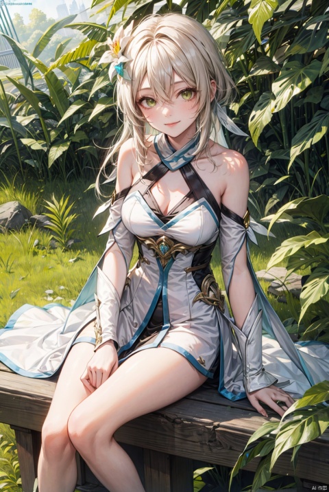 1girl, solo, long hair, breasts, looking at viewer, smile, bangs, hair ornament, dress, hair between eyes, bare shoulders, sitting, closed mouth, green eyes, white hair, outdoors, detached sleeves, white dress, lips, watermark, leaf hair ornament,whole body,long legs, yeqinxian, lora_eyes10