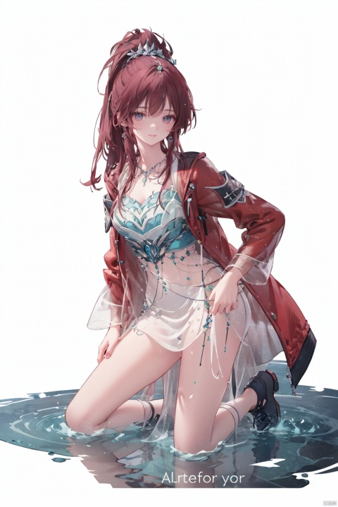  1girl,Pink hair,Yellow eyes, (red Jacket),high ponytail,white collared shirt,hair flower,fipped hair,floating hair,Frown,hands in pockets, kneeling on lake, blood, (white background:1.5), (English text),


 Highest picture quality, masterpiece, exquisite CG, exquisite and complicated hair accessories, big watery eyes, highlights, natural light, Super realistic, cinematic lighting texture, absolutely beautiful, 3D max, vray, c4d, ue5, corona rendering, redshift, octane rendering, （Show whole body）, （all body）,