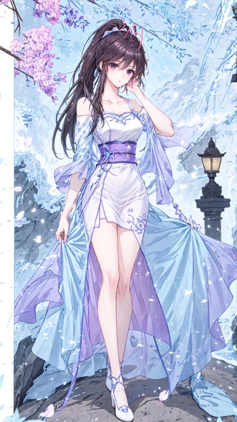  Beautiful Girl, long hair, high ponytail, light purple skirt, white silk slim stockings , collarbone, full body, off shoulder, white dress, high heels, petals, white footwear, antenna hair, hand on own face, off-shoulder dress, yeqinxian, lactation