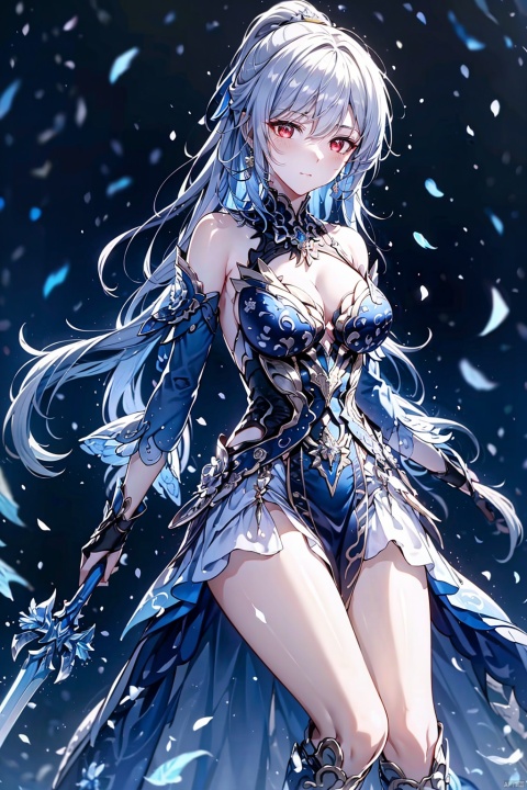 jingliu,long hair,earrings,blue-white hair,white hair,grey hair,red eyes,bangs,ponytail,blush,single earring,hair between eyes,hair ornament, jewelry,gloves,dress,blue dress,breasts,black gloves,fingerless gloves,clothing cutout,cleavage cutout,boots,closed mouth,cleavage,bare shoulders,detached sleeves,medium breasts,flower on the arm,armor,bare legs, lactationweapon,sword,holding sword, lactation