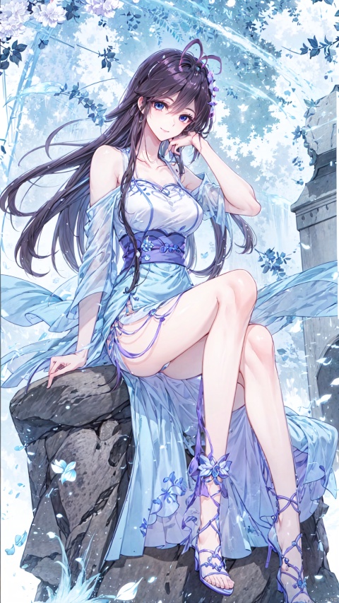  1girl, solo, long hair, looking at viewer, smile, bangs, blue eyes, dress, bare shoulders, sitting, very long hair, closed mouth, blue hair, collarbone, full body, off shoulder, white dress, high heels, petals, white footwear, antenna hair, hand on own face, off-shoulder dress, yeqinxian, lactation