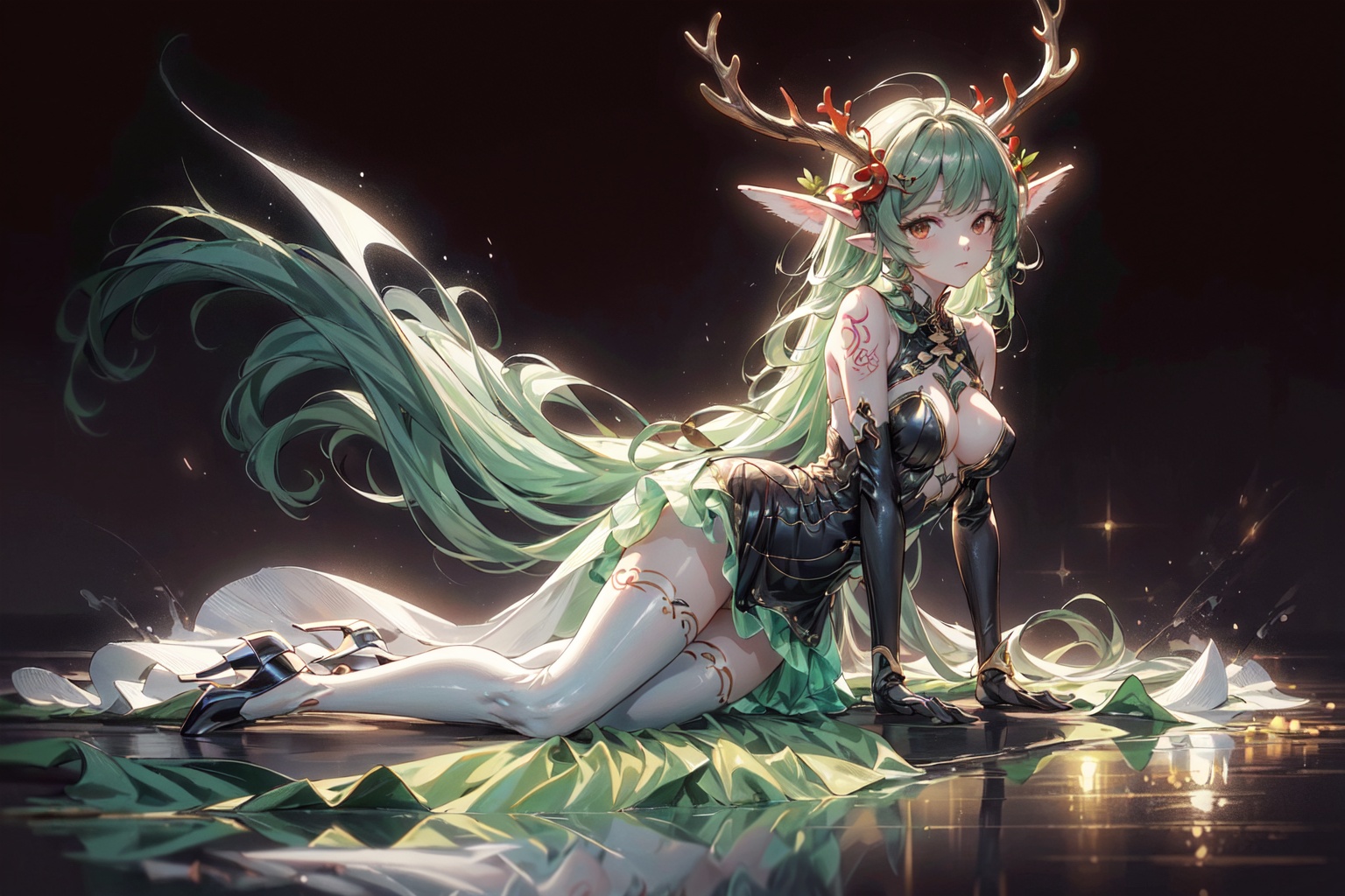  Best quality, 8k,cg,1girl, solo, dress, gloves, antlers, black gloves, elbow gloves, black background, full body, lying, breasts, high heels, bare shoulders,small horns, looking at viewer, white dress, big breasts,super long hair, green hair, swimsuit, thighhighs, simple background, pointy ears, brown eyes, 1girl, (jinluhao:1.6),Ylvi-Tattoos, super long legs, (bare legs),on stomach, lift_dress,perfect ***** shape, perfect breasts shape