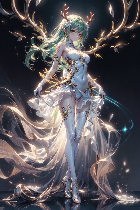  Best quality, 8k,cg,1girl, solo, dress, gloves, antlers, black gloves, elbow gloves, black background, full body, standing, breasts, high heels, bare shoulders,small horns, looking at viewer, white dress, big breasts,super long hair, green hair, swimsuit, thighhighs, simple background, pointy ears, brown eyes, 1girl, (jinluhao:1.6),Ylvi-Tattoos, super long legs, (bare legs),on stomach, lift_dress,perfect pussy shape, perfect breasts shape