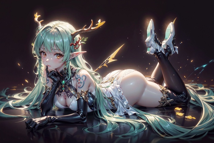  Best quality, 8k,cg,1girl, solo, dress, gloves, antlers, black gloves, elbow gloves, black background, full body, lying, breasts, high heels, bare shoulders,small horns, looking at viewer, white dress, big breasts,super long hair, green hair, swimsuit, thighhighs, simple background, pointy ears, brown eyes, 1girl, (jinluhao:1.6),Ylvi-Tattoos, super long legs, (bare legs),on stomach, lift_dress,perfect pussy shape, perfect breasts shape, perfect butt shape