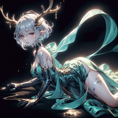  Best quality, 8k,cg,1girl, solo, dress, gloves, antlers, black gloves, elbow gloves, black background, full body, lying, breasts, high heels, bare shoulders,small horns, looking at viewer, green dress, big breasts,short hair, white hair, swimsuit, thighhighs, simple background, pointy ears, brown eyes, 1girl, (jinluhao:1.6),Ylvi-Tattoos, super long legs, (bare legs),on stomach, lift_dress,perfect pussy shape, perfect breasts shape, perfect butt shape