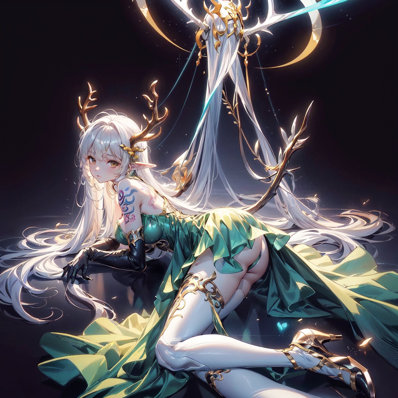  Best quality, 8k,cg,1girl, solo, dress, gloves, antlers, black gloves, elbow gloves, black background, full body, lying, breasts, high heels, bare shoulders,small horns, looking at viewer, green dress, big breasts,super long hair, white hair, swimsuit, thighhighs, simple background, pointy ears, brown eyes, 1girl, (jinluhao:1.6),Ylvi-Tattoos, super long legs, (bare legs),on stomach, lift_dress,perfect ***** shape, perfect breasts shape, perfect butt shape