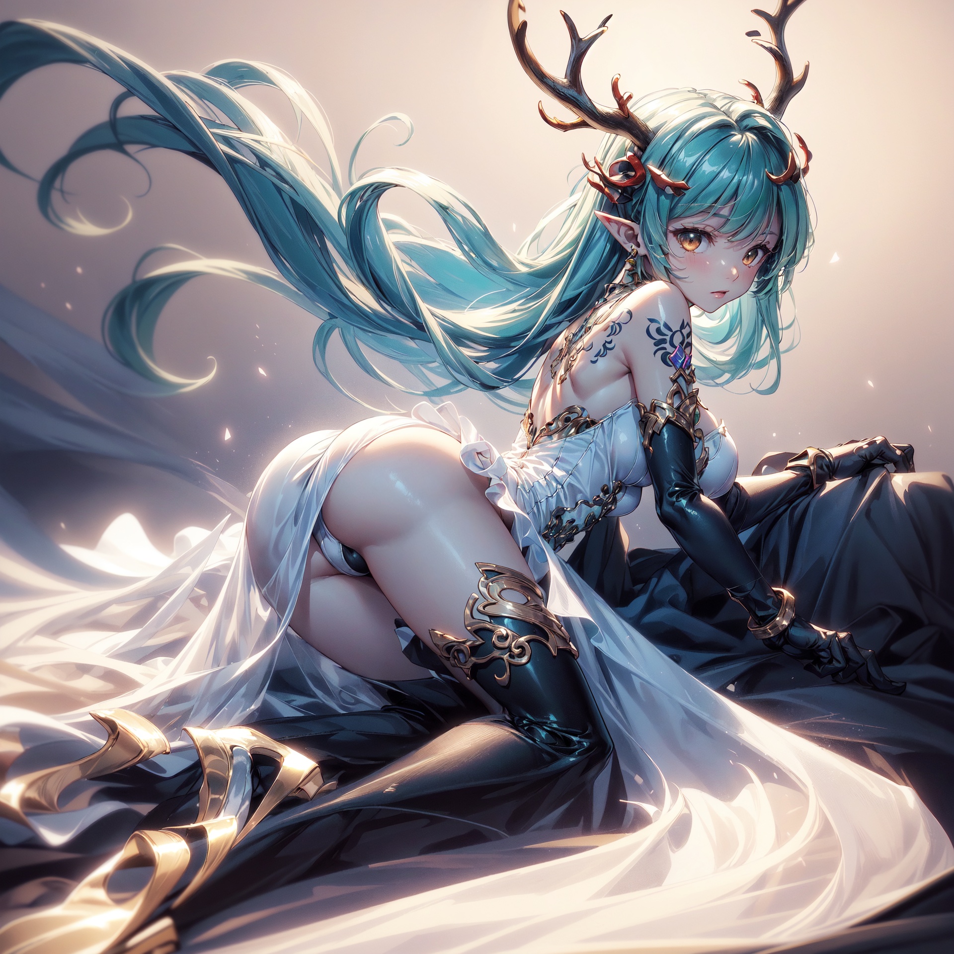  Best quality, 8k,cg,1girl, solo, dress, gloves, antlers, black gloves, elbow gloves, black background, full body, lying, breasts, high heels, bare shoulders,small horns, looking at viewer, white dress, big breasts,super long hair, green hair, swimsuit, thighhighs, simple background, pointy ears, brown eyes, 1girl, (jinluhao:1.6),Ylvi-Tattoos, super long legs, (bare legs),on stomach, lift_dress,perfect ***** shape, perfect breasts shape, perfect butt shape