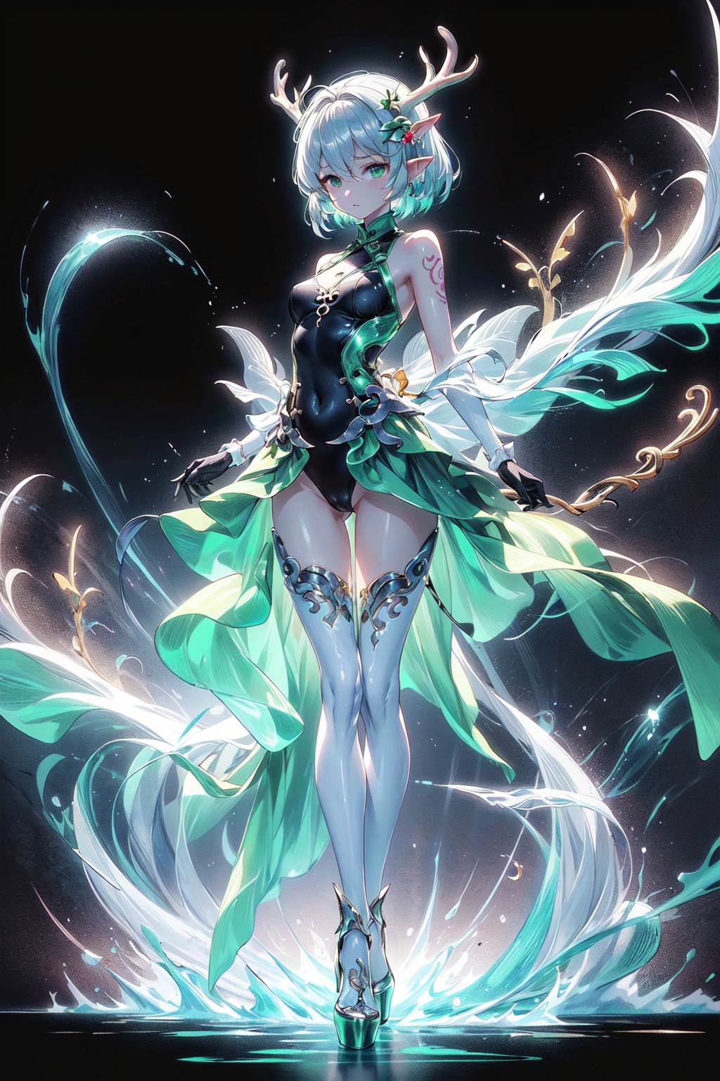  Best quality, 8k,cg,1girl, solo, dress, gloves, antlers, black gloves, elbow gloves, black background, full body, standing, breasts, high heels, bare shoulders,small horns, looking at viewer, green dress, medium breasts, short hair, white hair, swimsuit, thighhighs, simple background, pointy ears, green eyes, 1girl, (jinluhao:1.6),Ylvi-Tattoos, super long legs, (bare legs)