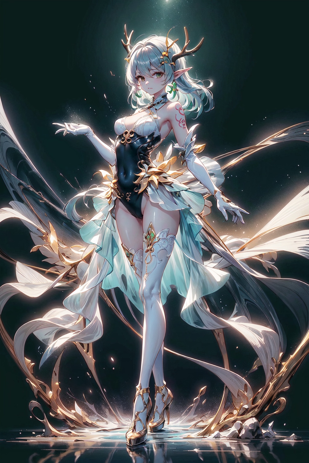  Best quality, 8k,cg,1girl, solo, dress, gloves, antlers, black gloves, elbow gloves, black background, full body, standing, breasts, high heels, bare shoulders,small horns, looking at viewer, white dress, big breasts, long hair, green hair, swimsuit, thighhighs, simple background, pointy ears, brown eyes, 1girl, (jinluhao:1.6),Ylvi-Tattoos, super long legs, (bare legs),on stomach, lift_dress, ***** shape