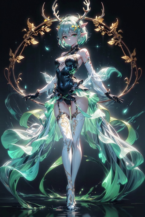  Best quality, 8k,cg,1girl, solo, dress, gloves, antlers, black gloves, elbow gloves, black background, full body, standing, breasts, high heels, bare shoulders,small horns, looking at viewer, green dress, medium breasts, short hair, white hair, swimsuit, thighhighs, simple background, pointy ears, green eyes, 1girl, (jinluhao:1.6),Ylvi-Tattoos, super long legs, (bare legs),on stomach