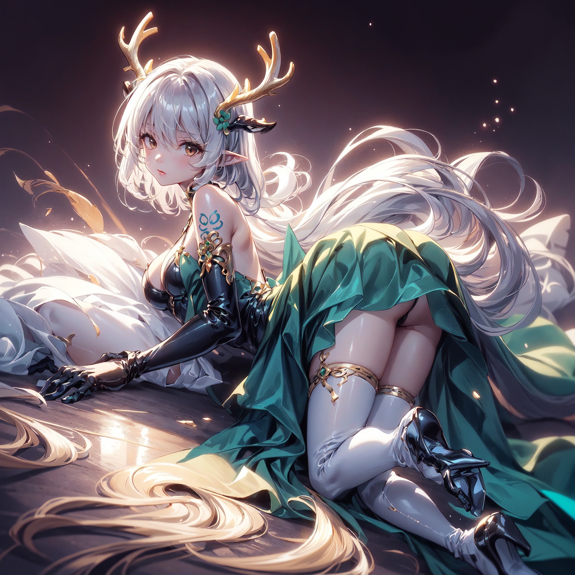  Best quality, 8k,cg,1girl, solo, dress, gloves, antlers, black gloves, elbow gloves, black background, full body, lying, breasts, high heels, bare shoulders,small horns, looking at viewer, green dress, big breasts,short hair, white hair, swimsuit, thighhighs, simple background, pointy ears, brown eyes, 1girl, (jinluhao:1.6),Ylvi-Tattoos, super long legs, (bare legs),on stomach, lift_dress,perfect ***** shape, perfect breasts shape, perfect butt shape