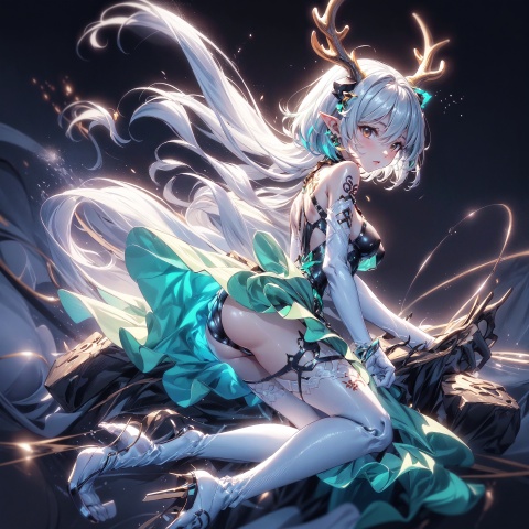  Best quality, 8k,cg,1girl, solo, dress, gloves, antlers, black gloves, elbow gloves, black background, full body, lying, breasts, high heels, bare shoulders,small horns, looking at viewer, green dress, big breasts,short hair, white hair, swimsuit, thighhighs, simple background, pointy ears, brown eyes, 1girl, (jinluhao:1.6),Ylvi-Tattoos, super long legs, (bare legs),on stomach, lift_dress,perfect pussy shape, perfect breasts shape, perfect butt shape