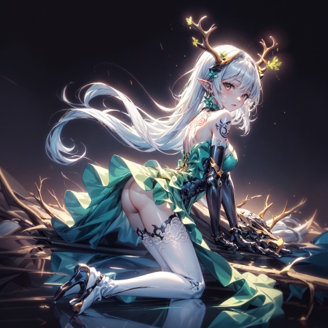  Best quality, 8k,cg,1girl, solo, dress, gloves, antlers, black gloves, elbow gloves, black background, full body, lying, breasts, high heels, bare shoulders,small horns, looking at viewer, green dress, big breasts,super long hair, white hair, swimsuit, thighhighs, simple background, pointy ears, brown eyes, 1girl, (jinluhao:1.6),Ylvi-Tattoos, super long legs, (bare legs),on stomach, lift_dress,perfect pussy shape, perfect breasts shape, perfect butt shape
