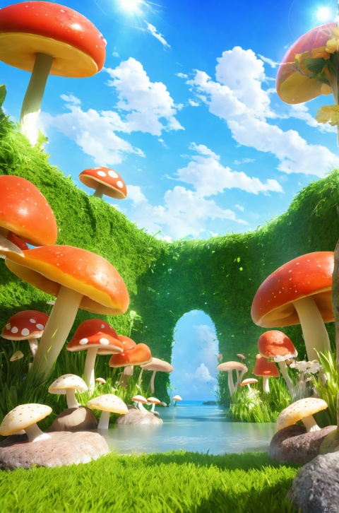 3D_style, outdoors,water,sky,day,cloud,flower, E-commerce booth, grass,scenery,mushroom, green theme, professional 3d model, anime artwork pixar, 3d style, good shine, OC rendering, highly detailed, volumetric, dramatic lighting,