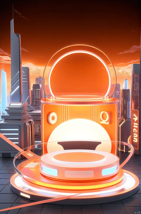 E-commerce booth, a round podium on the ground in the middle,  

orange futuristic scene theme, 
Cityscape, Neon, glowing beam in the background, 

professional 3d model, anime artwork pixar, 3d style, good shine, OC rendering, highly detailed, volumetric, dramatic lighting,