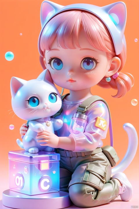 a cool baby girl, holographic translucent top, cargo pants, holding a cat, blind box, pop mart design, fluorescence, bright light, clay material, close-up intensity, 3d, ultra-detailed, C4D, octane rendering, Blender, 8K , HD