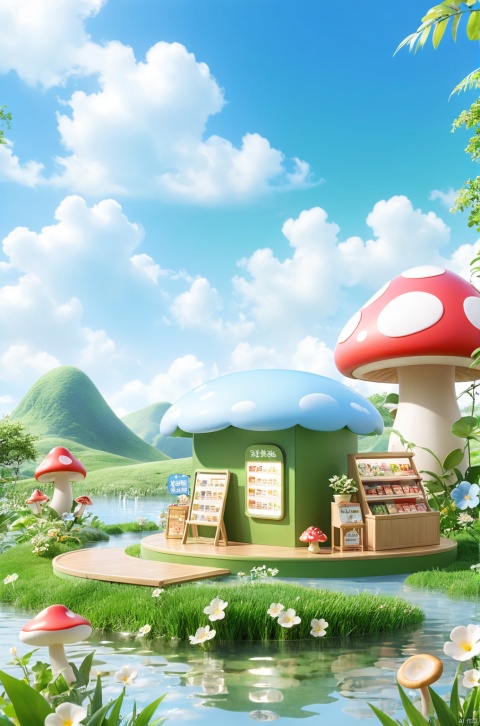 3D_style,
outdoors,water,sky,day,cloud,flower, E-commerce booth, grass,scenery,mushroom, green theme,

professional 3d model, anime artwork pixar, 3d style, good shine, OC rendering, highly detailed, volumetric, dramatic lighting, 