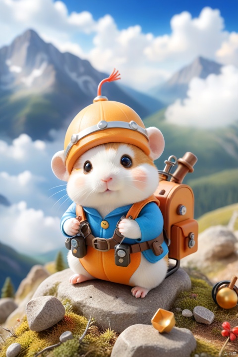 a photo with a tilt shift . selective focus, miniature effect, blurred background, highly detailed, bright, perspective control, a picture with a natural tilt (whimsically artistic), charming additionalchubby Dzungarian hamster in an advent urer's hat, ((He travels in the mountains, climber, climbing equipment, holds a carbine in his paws, clouds)), magical, macro photography, mystical, vivid photography, flickering light, preoccupied, bizarre, disturbing, soft-focus, over-detailed digital art