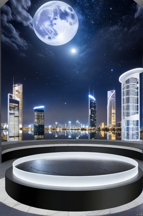 E-commerce booth, 
round slate stage, night, scenery, no humans, sky, star \(sky\), skyscraper, building, cloud, city, moon, cityscape, night sky, reflection, city lights, starry sky, planet
