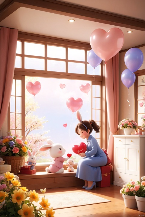  professional 3d model,anime artwork pixar,3d style,good shine,OC rendering,highly detailed,volumetric,dramatic lighting,

For Mother's Day, an elegant mother bunny lovingly embraces her adorable daughter bunny in a cozy home. They're surrounded by warmth and love, symbolized by delicate flowers and heartwarming gestures. The little bunny holds a heart-shaped balloon with "Happy Mother's Day" written in elegant fonts, adding sweetness to the scene. Meticulous attention to detail and typography make it a captivating illustration of family love and maternal care.

beautiful colorful background,very beautiful,masterpiece,best quality,super detail,anime style,key visual,vibrant,studio anime