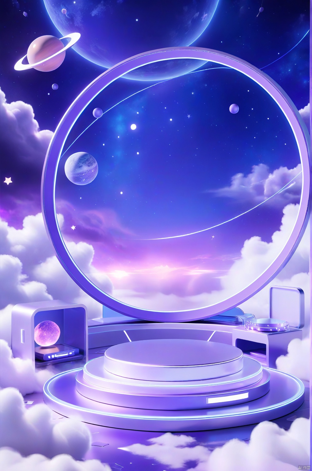 E-commerce booth, a round podium on the ground in the middle,  

purple futuristic scene theme, 
clouds, starry sky, planets in the sky, glowing beam in the background, 

professional 3d model, anime artwork pixar, 3d style, good shine, OC rendering, highly detailed, volumetric, dramatic lighting,