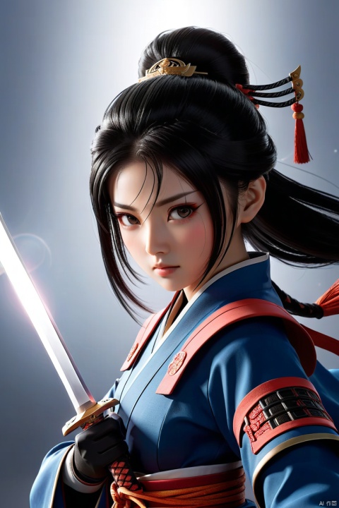 A chinese woman in a samurai uniform holds a samurai sword in front of her face, and is about to draw the sword with constant momentum and sharp eyes, with a strong emphasis on character design and visual impact,flying hair, game light effects, clear facial features, 3D art, cg society, fantasy art, art station hd, anime aesthetic, anime, cinematic lighting, sword light, rim light, soft light, film edge light, fine gloss, ultra - detailed, waist shot, 8k