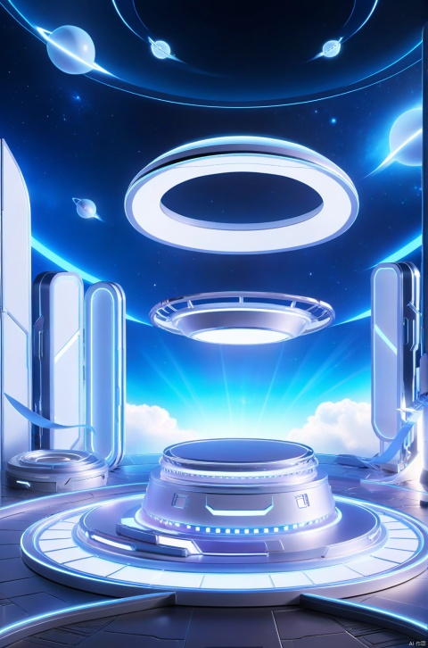 E-commerce booth, a round podium on the ground in the middle,  

futuristic scene theme, 
Spaceships, UFO in the sky, glowing beam in the background, 

professional 3d model, anime artwork pixar, 3d style, good shine, OC rendering, highly detailed, volumetric, dramatic lighting,