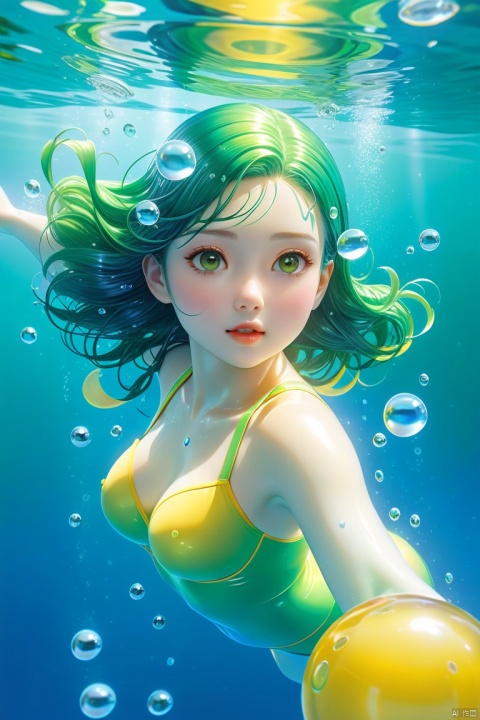 Girl swims underwater, in the style of Otomo Katsuhiro, in a realistic hyper detailed render style, glow, yellow, blue, zbrush, hyper-realistic oil, head close-up, exaggerated perspective, Tyndall effect, water drops, mother-of-pearl iridescence, Holographic white, green background, realistic