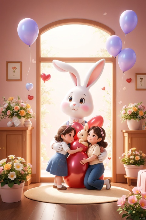  professional 3d model,anime artwork pixar,3d style,good shine,OC rendering,highly detailed,volumetric,dramatic lighting,

For Mother's Day, an elegant mother bunny lovingly embraces her adorable daughter bunny in a cozy home. They're surrounded by warmth and love, symbolized by delicate flowers and heartwarming gestures. The little bunny holds a heart-shaped balloon with "Happy Mother's Day" written in elegant fonts, adding sweetness to the scene. Meticulous attention to detail and typography make it a captivating illustration of family love and maternal care.

beautiful colorful background,very beautiful,masterpiece,best quality,super detail,anime style,key visual,vibrant,studio anime, 3D_style