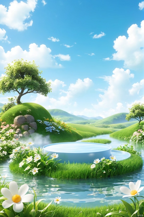  3D_style,
Outdoor, water, sky, sky, clouds, flowers, grassland, scenery, green theme,

professional 3d model, anime artwork pixar, 3d style, good shine, OC rendering, highly detailed, volumetric, dramatic lighting,
