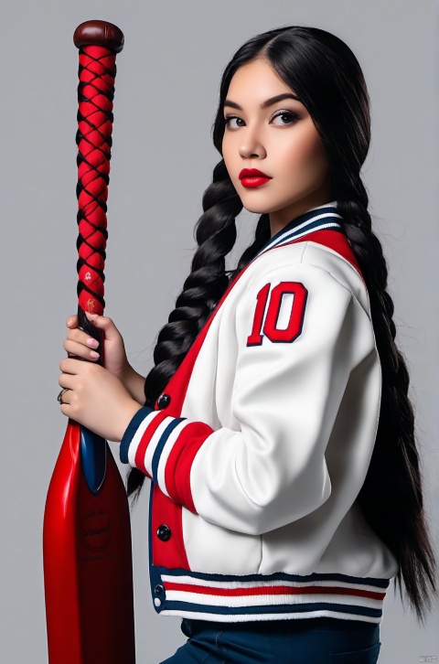 (long_braid_hairstyle-10:1.3),undefined(lora:long_braid_hairstyle-10:0.5),black hair,1girl,(Vintage Varsity Jacket:1.3),red Baseball bat(whitebackground:1.5),4k,high-res,masterpiece,best quality,((Hasselblad photography)),finely detailed skin,sharp focus,(cinematic lighting),night,soft lighting,undefined,