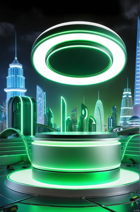 E-commerce booth, a round podium on the ground in the middle,  

green futuristic scene theme, 
Cityscape, Neon, UFO in the sky, glowing beam in the background, 

professional 3d model, anime artwork pixar, 3d style, good shine, OC rendering, highly detailed, volumetric, dramatic lighting,