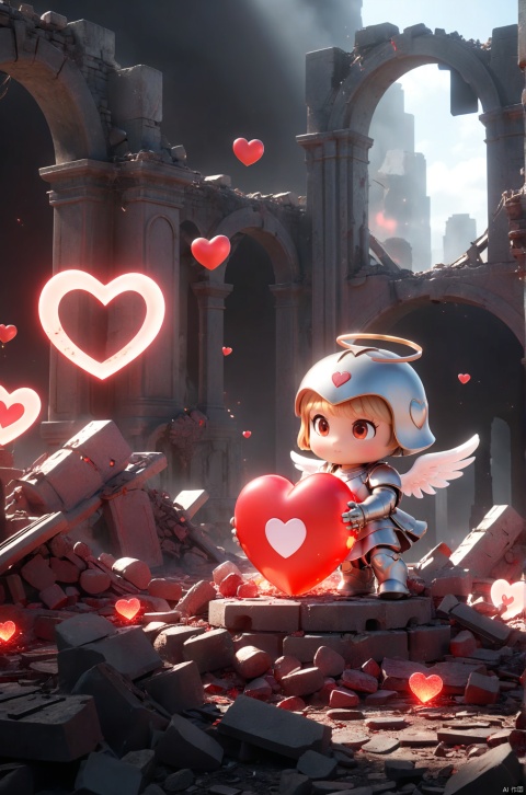 An angel in armor holding a red glowing love heart in a pile of ruins, metaphysical, color and light glazed, beautiful, oversized battle ruins scene, ultra-high definition 8k, fine details

professional 3d model, anime artwork pixar, 3d style, good shine, OC rendering, highly detailed, volumetric, dramatic lighting, E-commerce, 3D_style