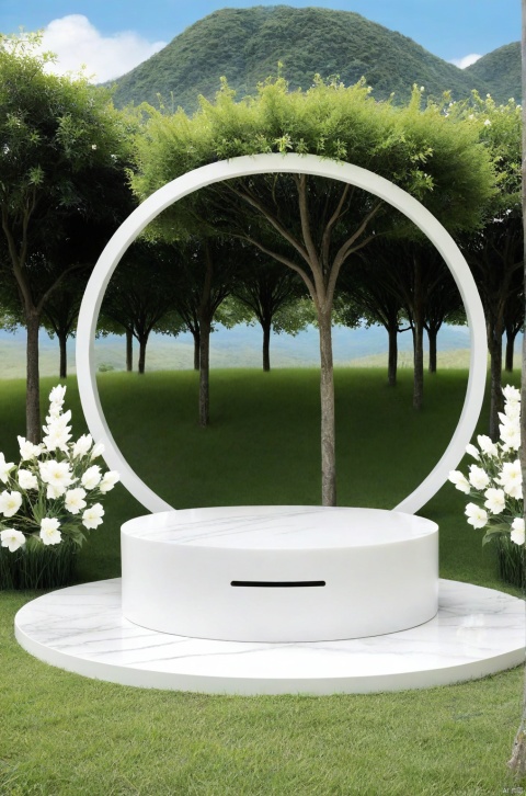 E-commerce booth, 
round marble stage, outdoors, no humans, scenery, flower, nature, grass, cloud, sky, tree, white flower, day