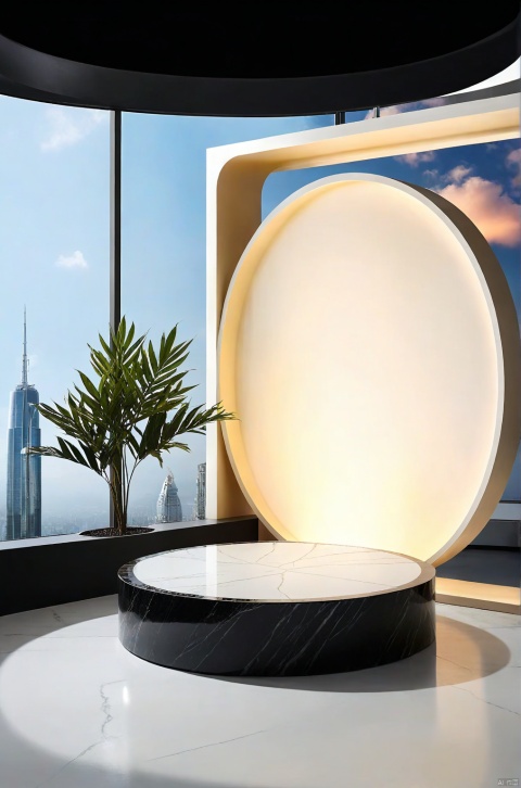 E-commerce booth, 
round slate stage, night, scenery, no humans, sky, star \(sky\), skyscraper, building, minimalist, indoor, round marble slab, no humans, light spot, sunlight, light and shadow, window, plant, still life, leaf