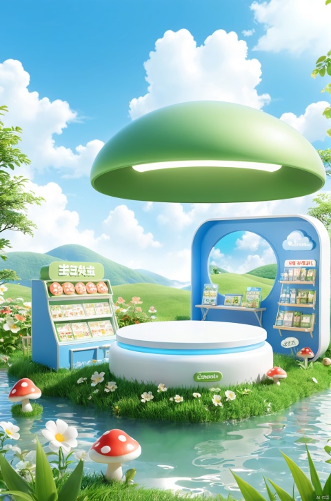 3D_style,
outdoors,water,sky,day,cloud,flower, E-commerce booth, grass,scenery,mushroom, green theme,

professional 3d model, anime artwork pixar, 3d style, good shine, OC rendering, highly detailed, volumetric, dramatic lighting, 