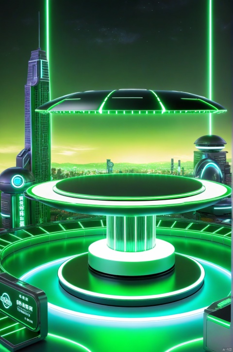 E-commerce booth, a round podium on the ground in the middle,  

green futuristic scene theme, 
Cityscape, Neon, UFO in the sky, glowing beam in the background, 

professional 3d model, anime artwork pixar, 3d style, good shine, OC rendering, highly detailed, volumetric, dramatic lighting,