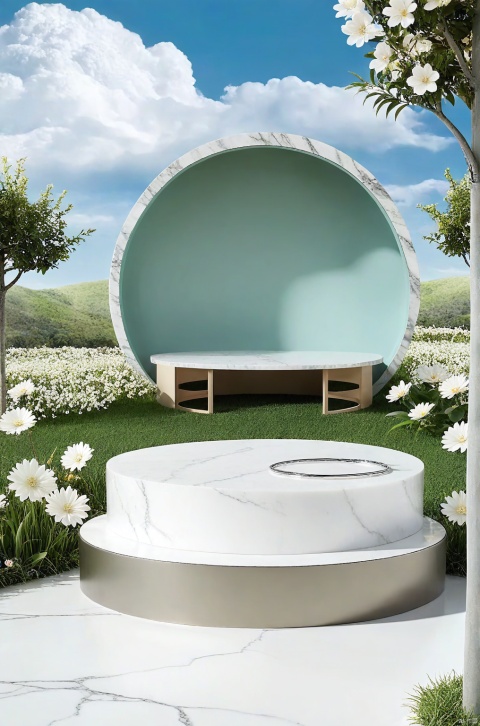 E-commerce booth, 
round marble stage, outdoors, no humans, scenery, flower, nature, grass, cloud, sky, tree, white flower, day