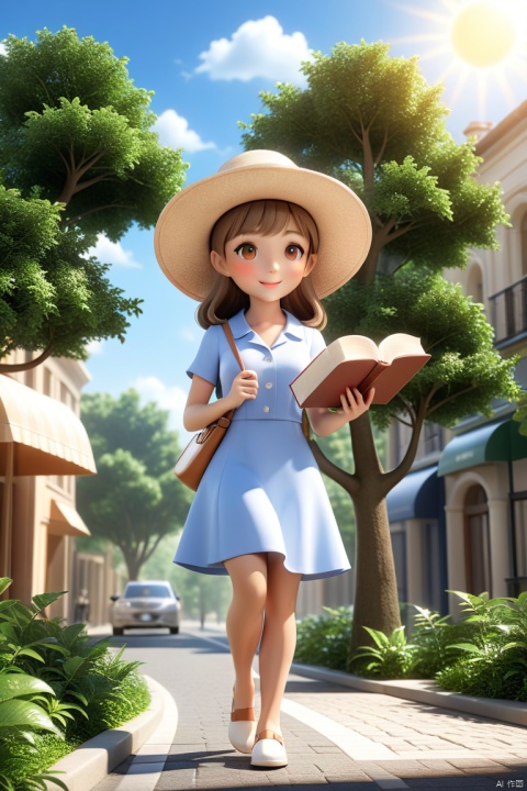 3D_style, Outdoors, On the street, Casual dress, With sun hat, Holding a book of trees up in hand, Professional 3d model, Animated artwork pixels, 3d_style, Glossy good, OC rendering, Highly detailed, Volumetric, Dramatic lighting

