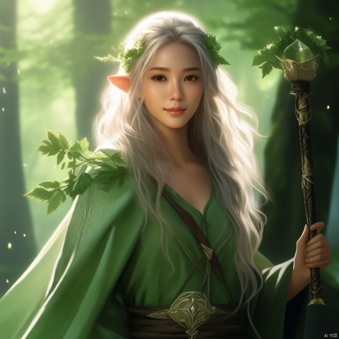 真实风格,单反照片,明亮,Zephyr Healer (和风治愈者) - 温柔的面容,身着淡绿色长袍；他们在和风中治疗伤口,生活在宁静的森林,伴随人物是森林精灵,武器是生命之杖,能够借助风的力量治愈他人。