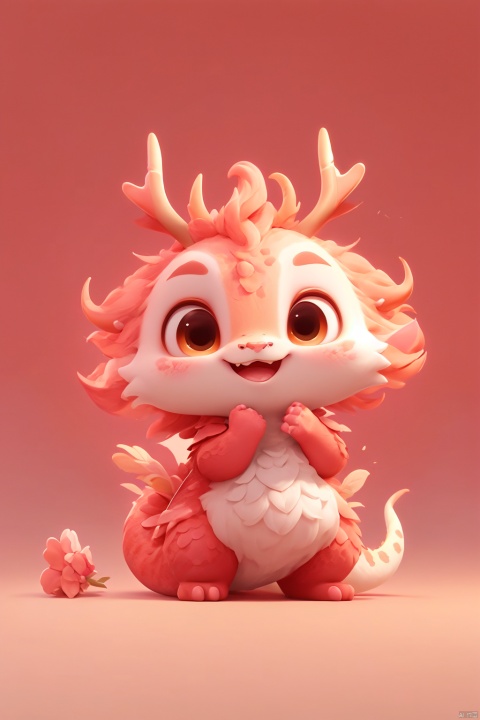  pink, cute pet, Illustration cartoon cute art style, full body, antlers , ((masterpiece)), original, rich details, extremely exquisite, red theme, 3d stely,dragon claw,snake,red background