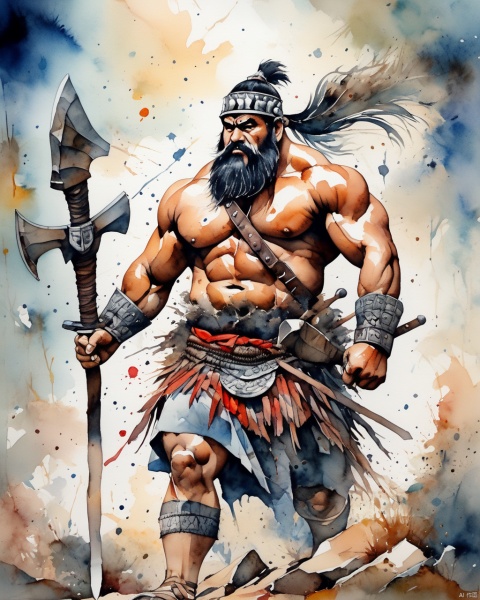  Watercolor style painting, Barbarians exhibit primitive strength and ferocity reflecting nomatic cultures Their multiple frames and field counts strike fear of defeating brutal weapons like axes or clubs They drive in hard wildness environments and save battlegrounds, (current: 0.5), (full-body: 0.4), (barefoot: 0.7), (thick body: 1.2), (solo: 1.1), finally e image quality, financial details, masterpiece, Musical Male, Best quality, masterpiece, ultra high res, detailed background, (Surrealism: 0.7),,, realistic style, full body, (god statements in the background), (dynamic) (Position: 1.3), random position, side view, tone, texture, detailed, bury,,, visible paper texture, colorwash, watercolor
