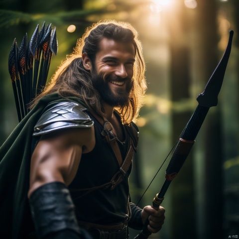 Real photos, SLR photography, bright, cinematic, Power Archer - tall and strong, capable of pulling strong bows; they hunt in the forest and live in hunter cabins, accompanied by their loyal flying dragons, and their weapons are longbows and Arrows, good at long-distance power shooting.