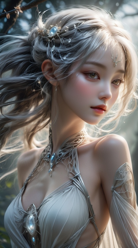  (masterpiece, high resolution, photo-realistic:1.2), alluring upper body of a captivating elven woman, (pale skin:1.1), (mysterious silver eyes:1.2), exuding an air of enchantment and elegance, adorned with intricate elven jewelry and symbols, (flowing raven hair:1.1), cascading down her shoulders, delicately intertwined with ethereal spider webs, seamlessly blending with her lower body, which transforms into a stunning spider form, (exquisite arachnid details:1.3), (glistening dark exoskeleton:1.2), (long, slender legs:1.2), radiating grace and power, a testament to her otherworldly nature, (subtle moonlit forest background:1.1), (subtle glow of magical energy:1.2), an atmosphere of mystery and sorcery, (intricate web patterns:1.2), weaving a web of spells and secrets, (dynamic composition:1.1), capturing the duality of her beauty and darkness, an extraordinary and visually captivating portrayal of a nocturnal e,