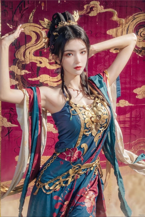  ,dunhuang_dress,dunhuang_background,1girl,dance,flying,masterpiece, traditional chinese ink painting, 1 girl, long hair, look at viewer, tease, Spirit, loong, dunhuang_style, dunhuang_cloths, 4k, best quality, super detail, award winning, high quality, best quality, high details ,big_breasts